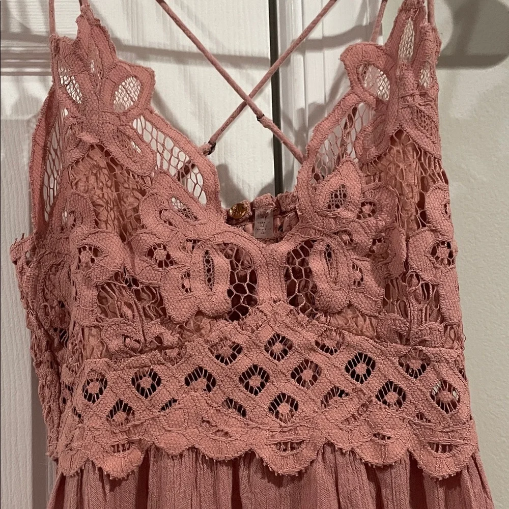 Free People One- Lace Bodice Tiered Ruffle Sundress - Dusty Rose- Size Small - Picture 2 of 12